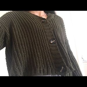 green olive colored button up cardigan